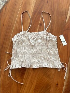 Anthropologie Smocked Satin Cami Tank Top - Cream, NWT, Sz Medium